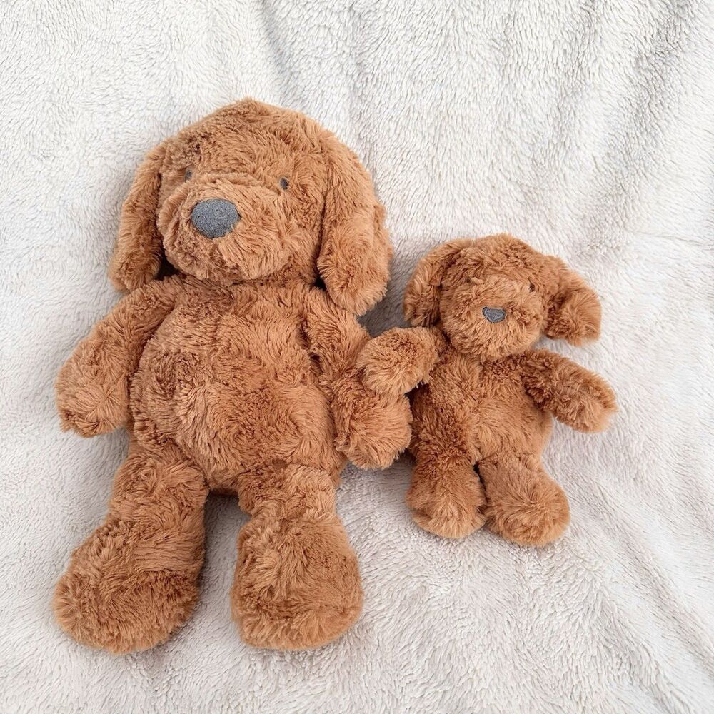 Cloud Island Plush Dog Mom and Baby Puppy Toy Rattle Set Brown Embroidered Eyes